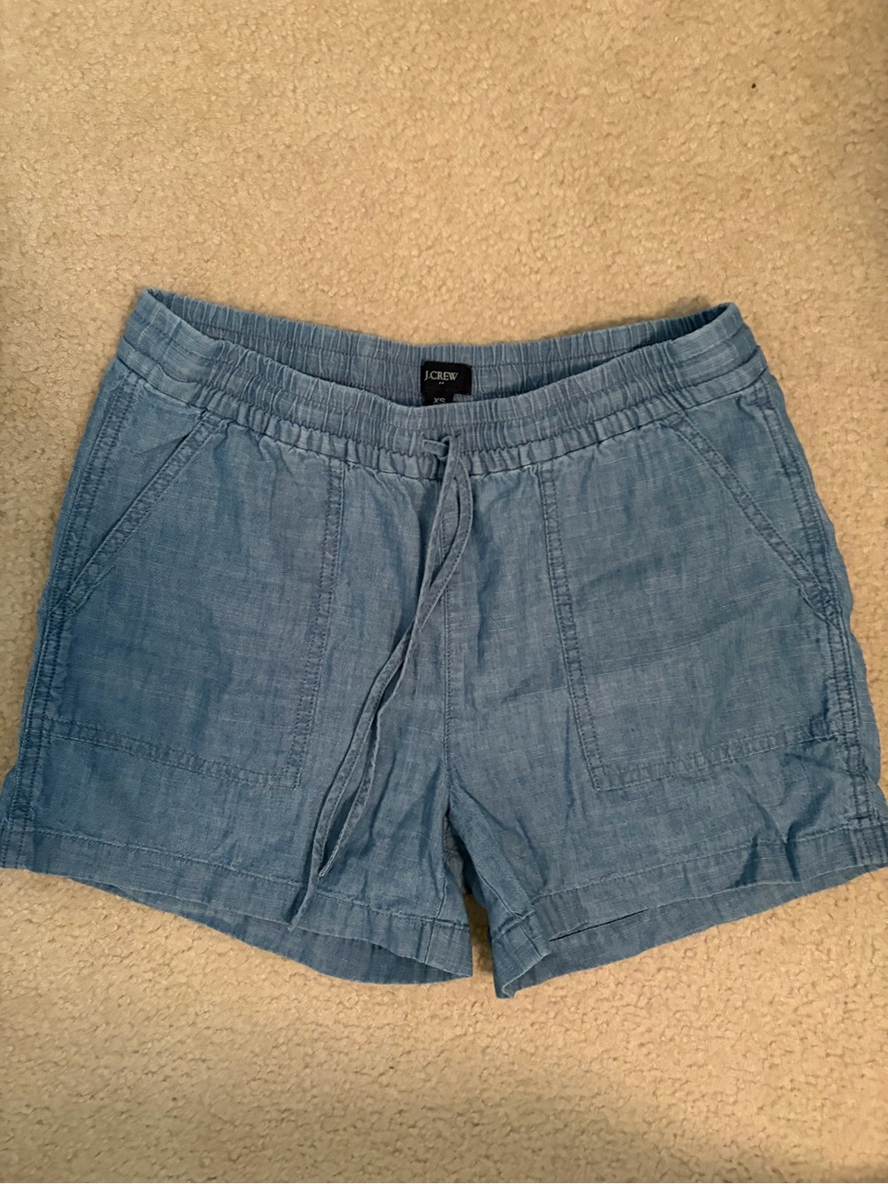 J. Crew Chambray Drawstring High-Waist Shorts in Light Blue